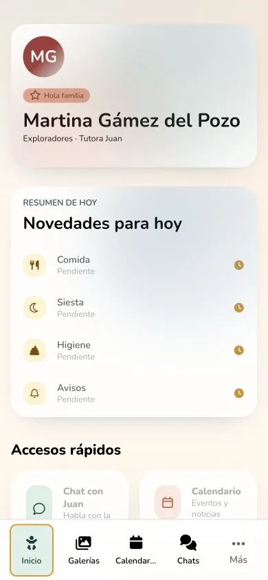 Resumen diario de una alumna en la aplicación móvil de Nidario