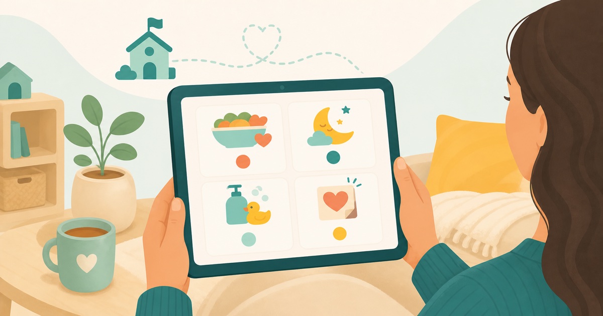 Familiar consultando en una tableta un resumen diario de comidas, descanso, higiene y avisos